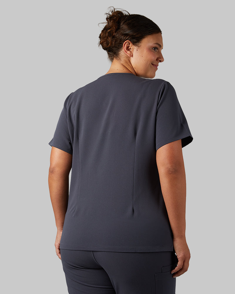 32 Degrees Charcoal _ Women's 2-Pocket V-Neck scrub Top {model: Hannah is 5'10and size 14 wearing size L}{bottom}{right} {bottom}{right}