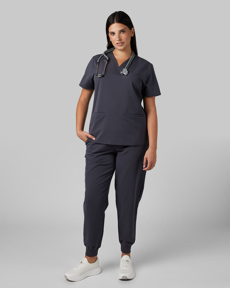 32 Degrees Charcoal _ Women's 2-Pocket V-Neck scrub Top {model: Francesca is 5'10and size 6 wearing size M}{bottom}{right} {bottom}{right}