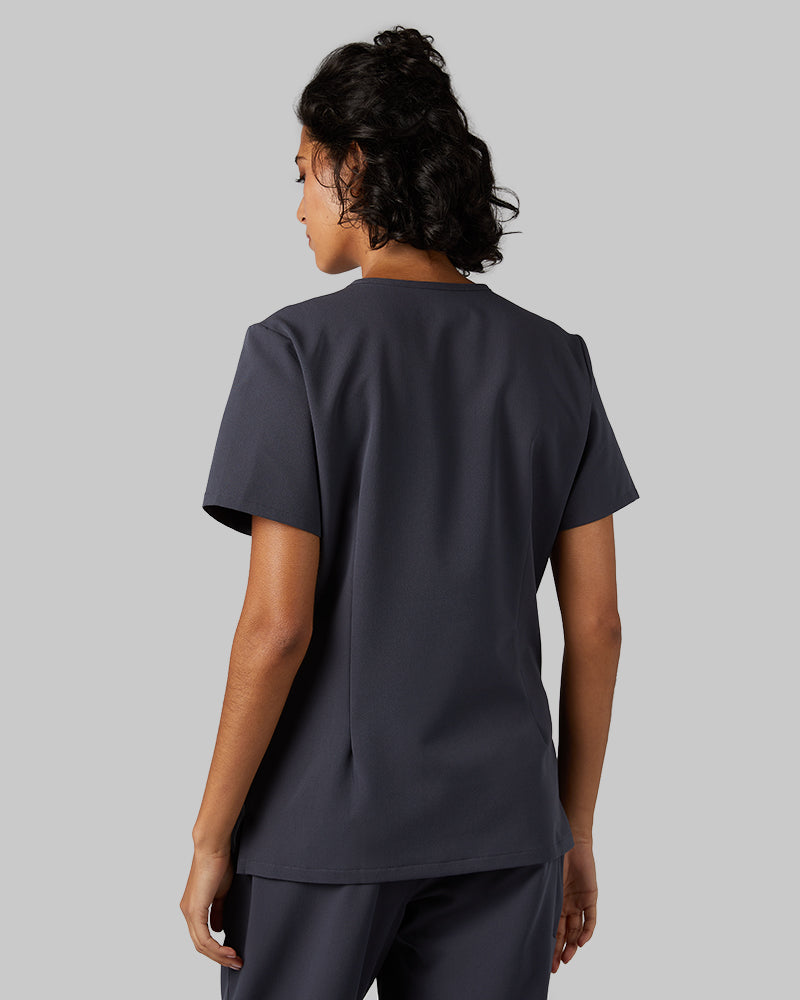 32 Degrees Charcoal _ Women's 2-Pocket V-Neck scrub Top {model: Arantza is 5'9"and size 2 wearing size XS}{bottom}{right} {bottom}{right}