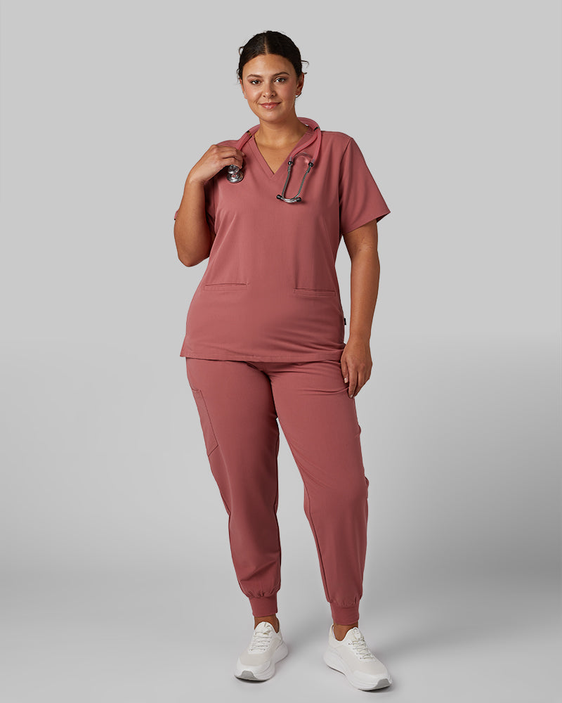 32 Degrees Mauve _ Women's 2-Pocket V-Neck scrub Top {model: Hannah is 5'10and size 14 wearing size L}{bottom}{right} {bottom}{right}