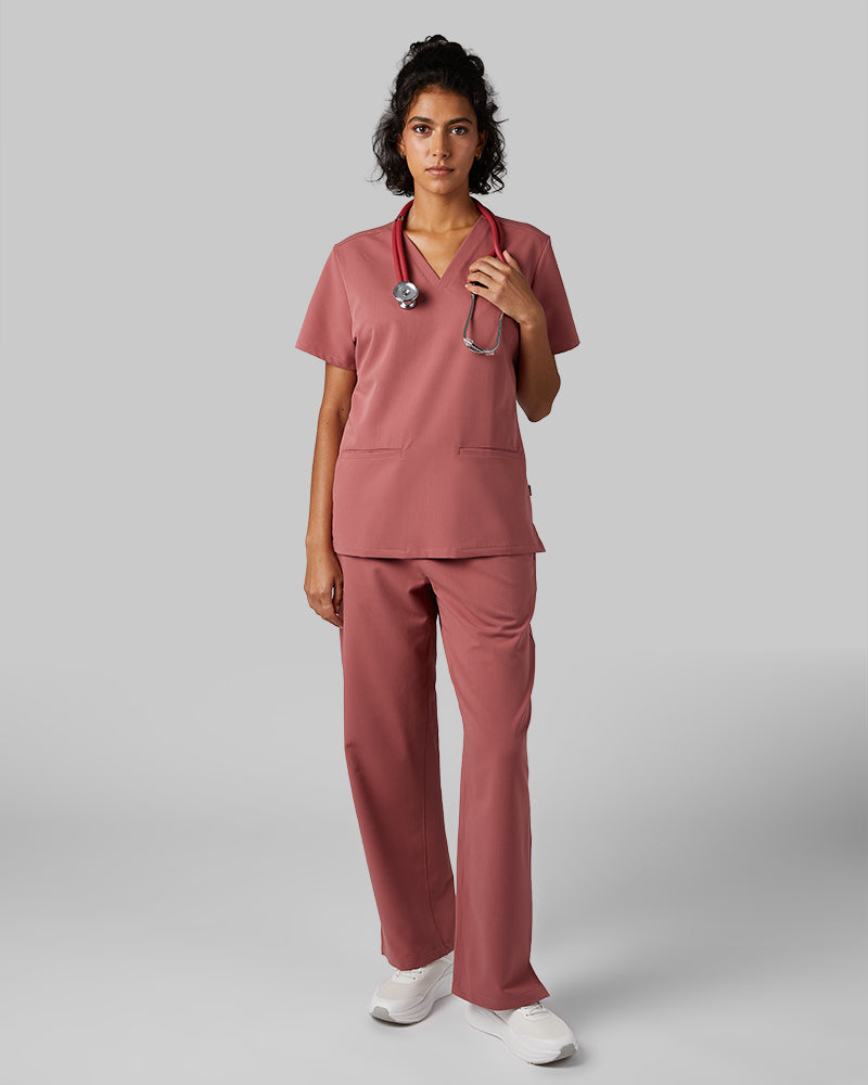 32 Degrees Mauve _ Women's 2-Pocket V-Neck scrub Top {model: Arantza is 5'9"and size 2 wearing size XS}{bottom}{right} {bottom}{right}