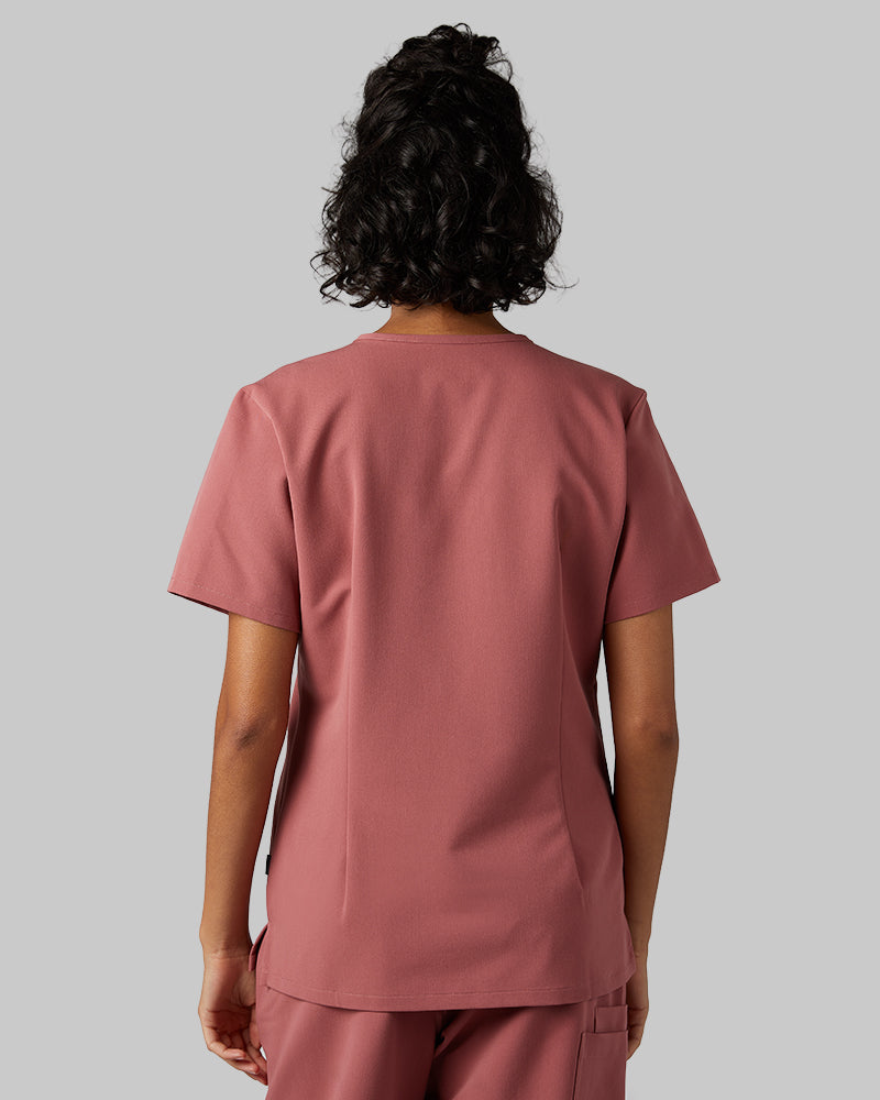 32 Degrees Mauve _ Women's 2-Pocket V-Neck scrub Top {model: Arantza is 5'9"and size 2 wearing size XS}{bottom}{right} {bottom}{right}