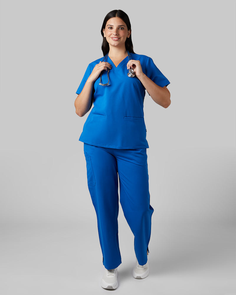 32 Degrees Royal _ Women's 2-Pocket V-Neck scrub Top {model: Francesca is 5'10and size 6 wearing size M}{bottom}{right} {bottom}{right}