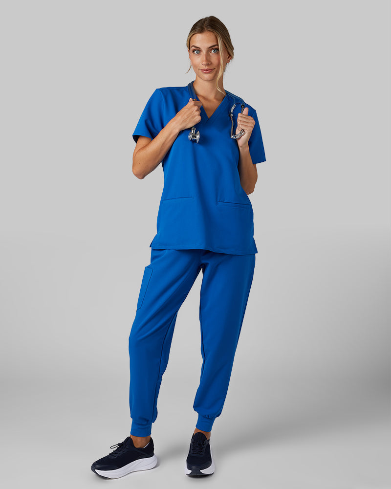 32 Degrees Royal _ Women's 2-Pocket V-Neck scrub Top {model: Colby is 5'9"and size 4 wearing size S}{bottom}{right} {bottom}{right}