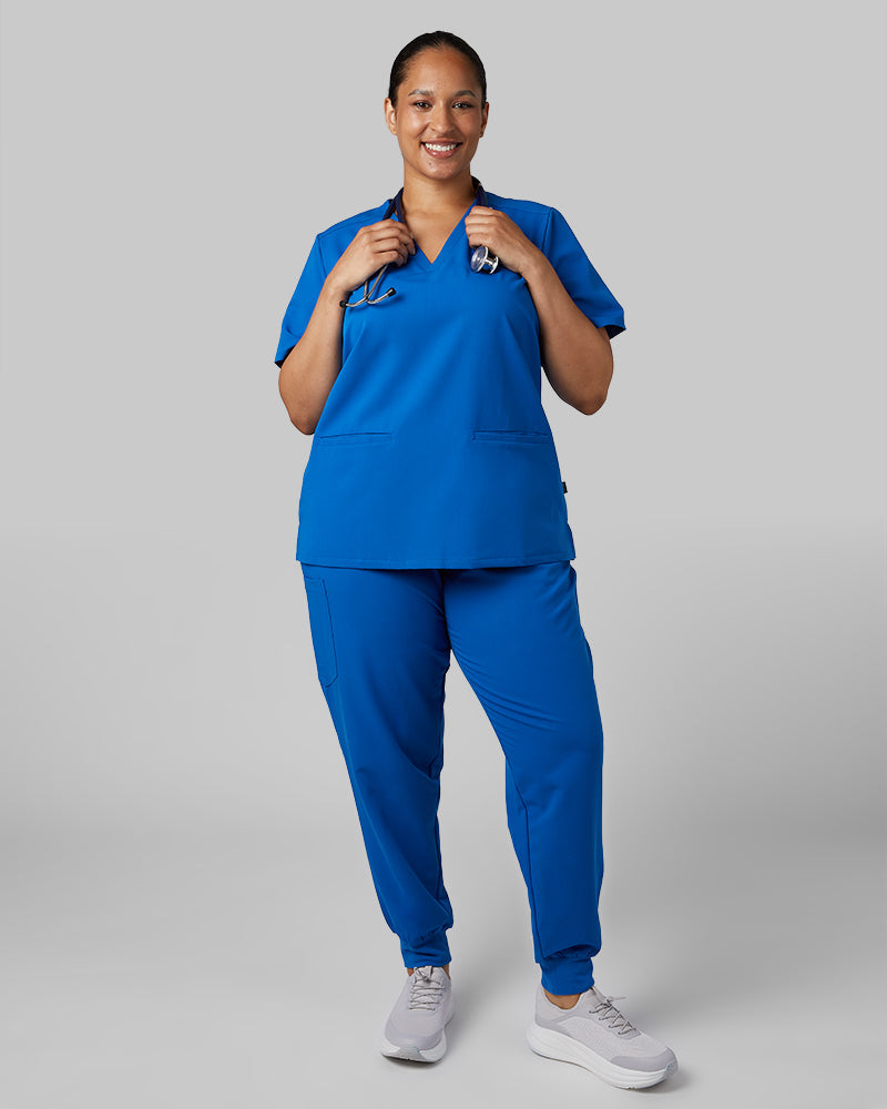 32 Degrees Royal _ Women's 2-Pocket V-Neck scrub Top {model: Madison is 5'9and size 16 wearing size XL}{bottom}{right} {bottom}{right}