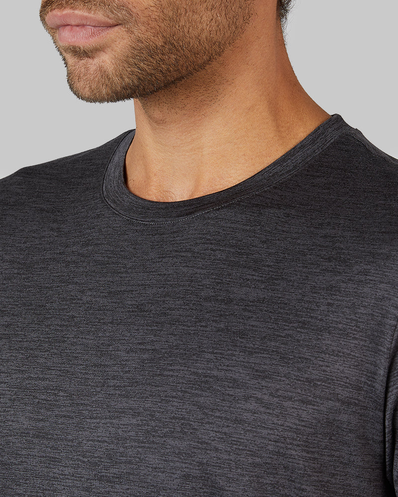 32 Degrees Black Space Dye _ Men's Cool Active T-shirt {model: Miguel is 6'2", wearing size M}{bottom}{right} {bottom}{right}