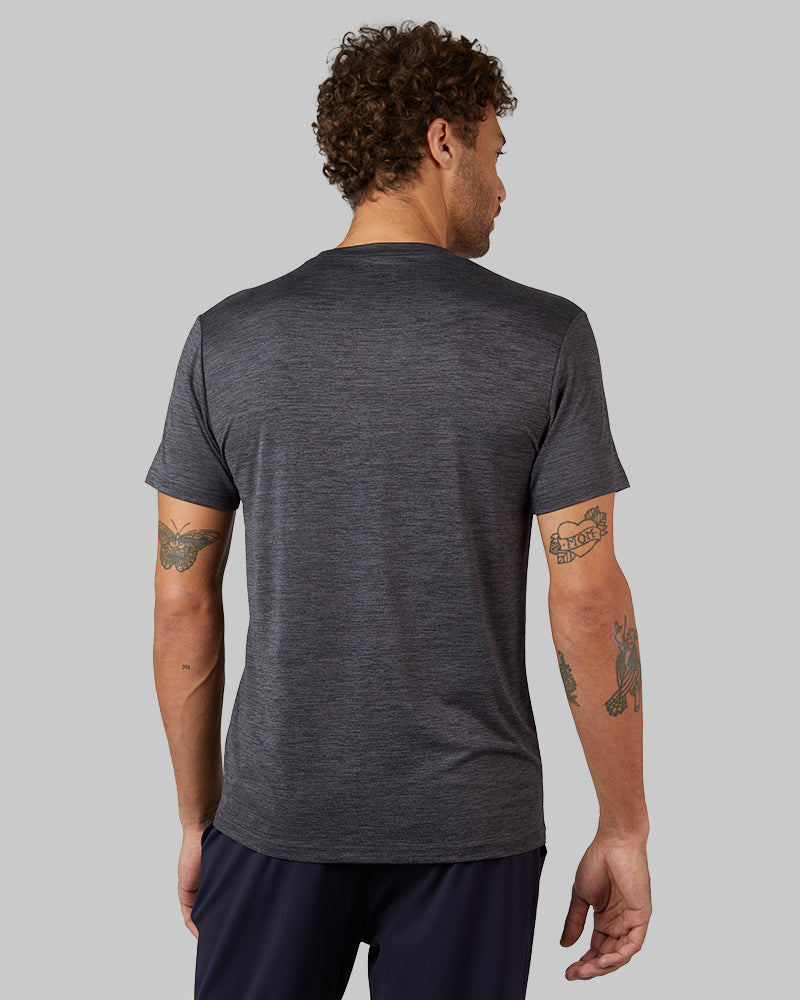 32 Degrees Black Space Dye _ Men's Cool Active T-shirt {model: Miguel is 6'2", wearing size M}{bottom}{right} {bottom}{right}