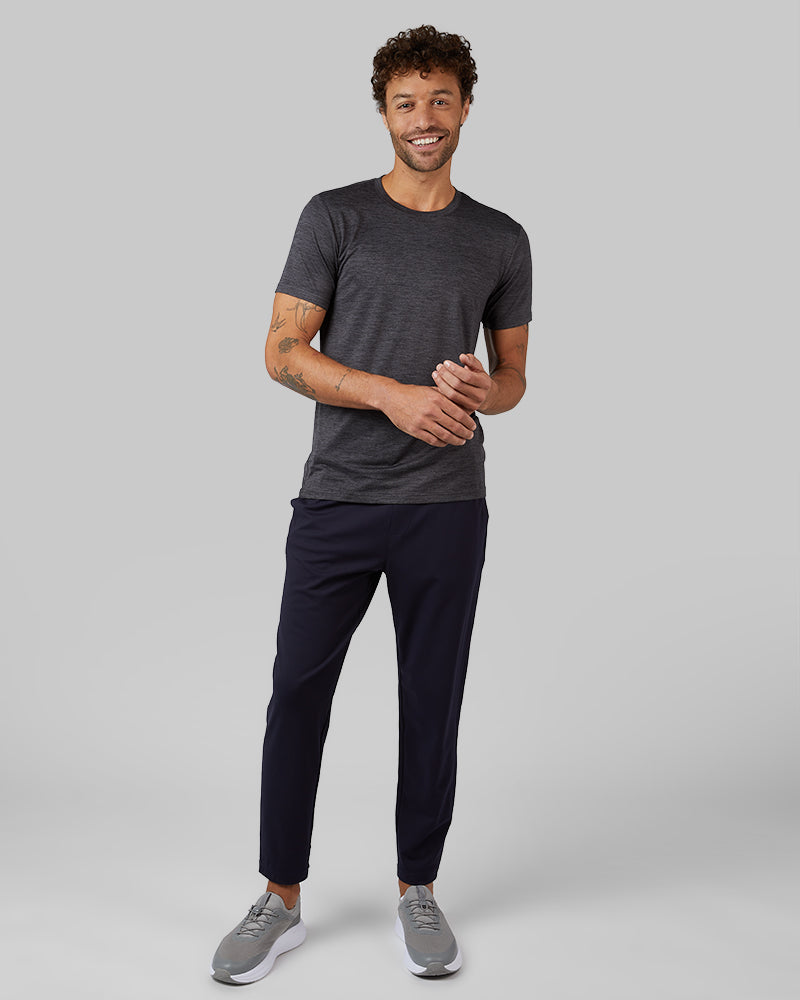 32 Degrees Black Space Dye _ Men's Cool Active T-shirt {model: Miguel is 6'2", wearing size M}{bottom}{right} {bottom}{right}