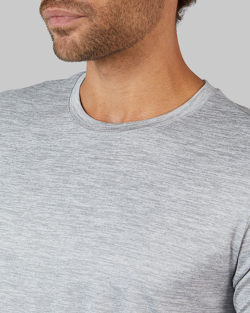 32 Degrees Lunar Grey Space Dye _ Men's Cool Active T-shirt {model: Miguel is 6'2", wearing size M}{bottom}{right} {bottom}{right}