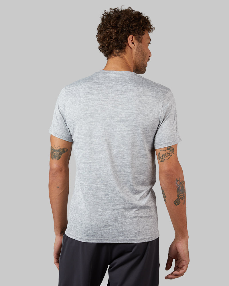 32 Degrees Lunar Grey Space Dye _ Men's Cool Active T-shirt {model: Miguel is 6'2", wearing size M}{bottom}{right} {bottom}{right}