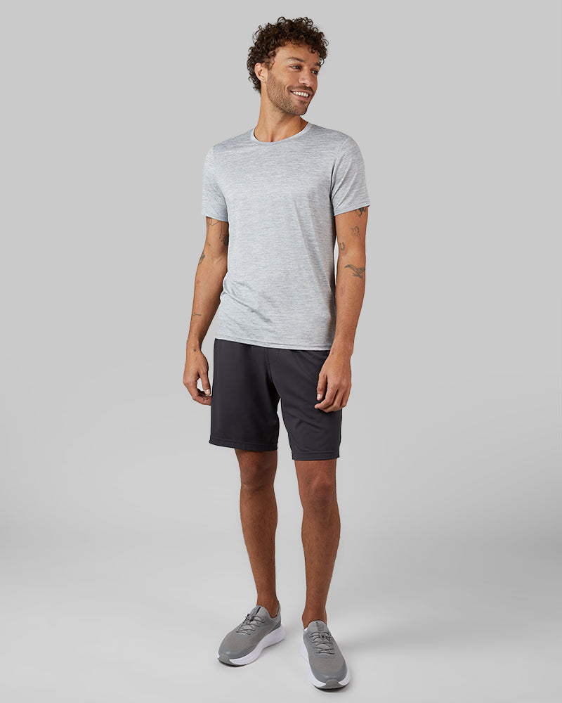 32 Degrees Lunar Grey Space Dye _ Men's Cool Active T-shirt {model: Miguel is 6'2", wearing size M}{bottom}{right} {bottom}{right}
