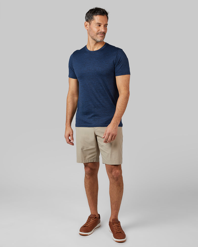 32 Degrees Navy Space Dye _ Men's Cool Active T-shirt {model: Eduardo is 6'1", wearing size M}{bottom}{right} {bottom}{right}