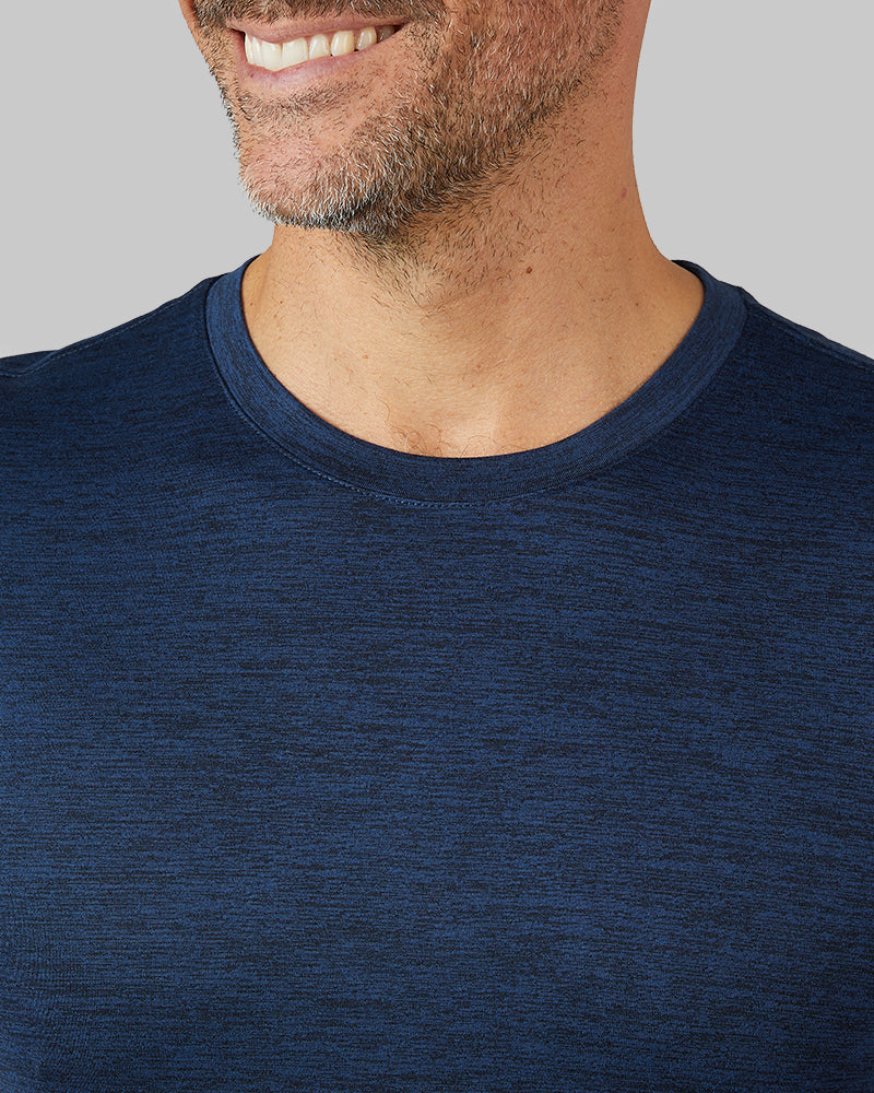 32 Degrees Navy Space Dye _ Men's Cool Active T-shirt {model: Eduardo is 6'1", wearing size M}{bottom}{right} {bottom}{right}