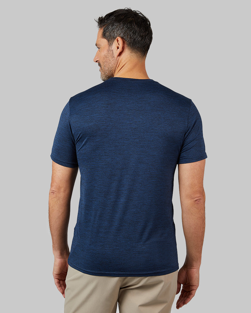 32 Degrees Navy Space Dye _ Men's Cool Active T-shirt {model: Eduardo is 6'1", wearing size M}{bottom}{right} {bottom}{right}
