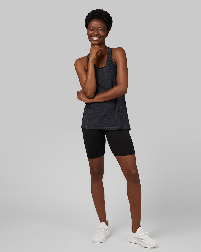 32 Degrees Black _ Women's Cool Racerback Tank {model: Wemi is 5'10" and size 2-4, wearing size S}{bottom}{right} {bottom}{right}