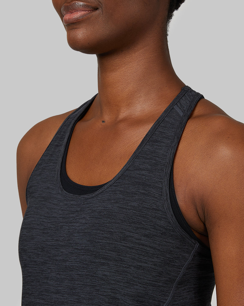 32 Degrees Black Space Dye _ Women's Cool Racerback Tank {model: Wemi is 5'10" and size 2-4, wearing size S}{bottom}{right} {bottom}{right}