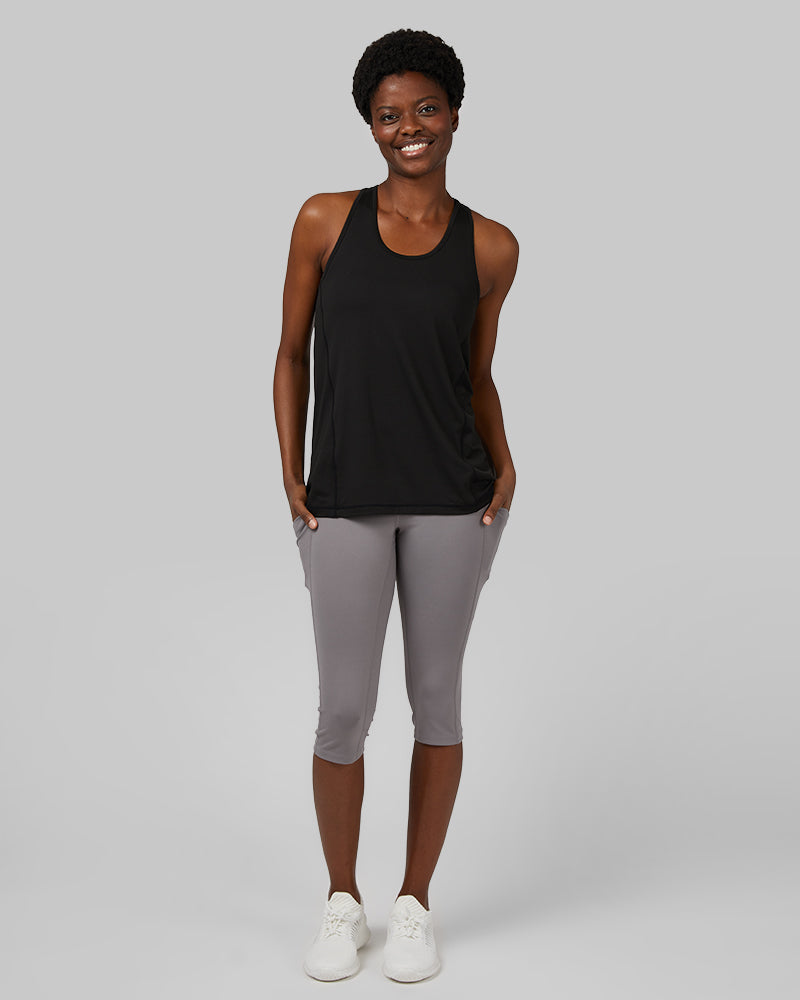 32 Degrees Black Space Dye _ Women's Cool Racerback Tank {model: Wemi is 5'10" and size 2-4, wearing size S}{bottom}{right} {bottom}{right}