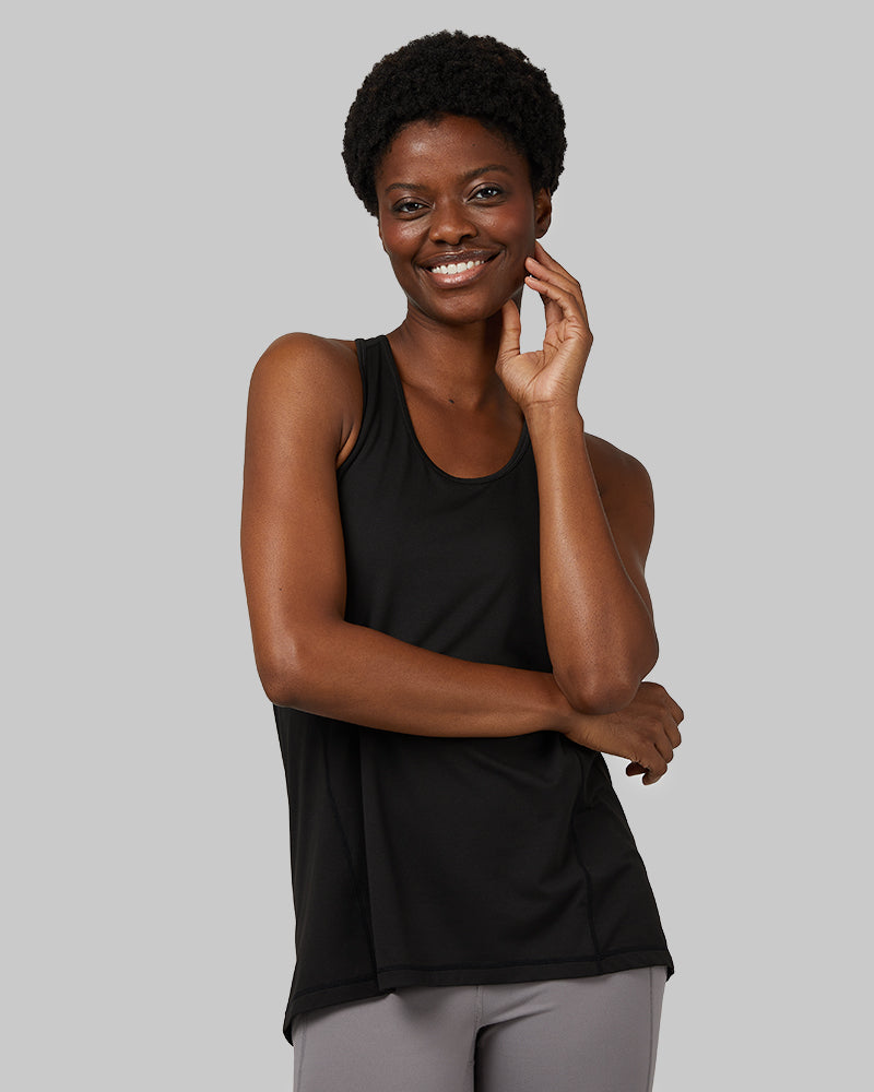 32 Degrees Black _ Women's Cool Racerback Tank {model: Wemi is 5'10" and size 2-4, wearing size S}{bottom}{right} {bottom}{right}