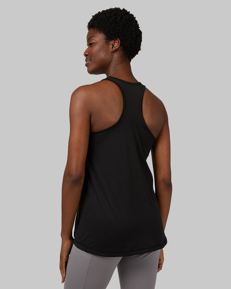 32 Degrees Black _ Women's Cool Racerback Tank {model: Wemi is 5'10" and size 2-4, wearing size S}{bottom}{right} {bottom}{right}