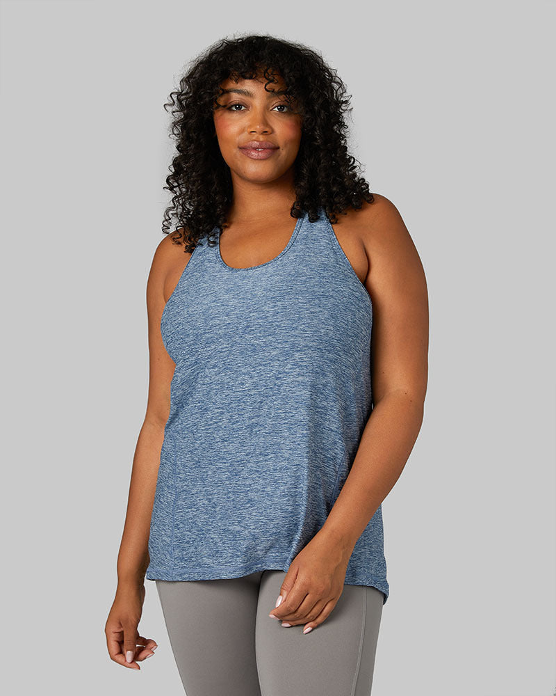 32 Degrees Xenon Blue Space Dye _ Women's Cool Racerback Tank {model: Brianna is 5'10" and size 12, wearing size L}{bottom}{right}