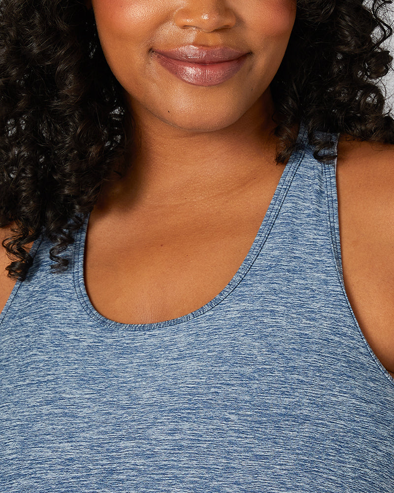 32 Degrees Xenon Blue Space Dye _ Women's Cool Racerback Tank {model: Brianna is 5'10" and size 12, wearing size L}{bottom}{right}