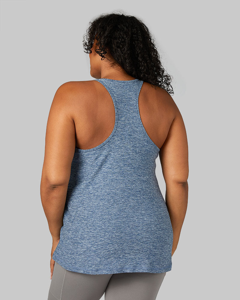 32 Degrees Xenon Blue Space Dye _ Women's Cool Racerback Tank {model: Brianna is 5'10" and size 12, wearing size L}{bottom}{right}