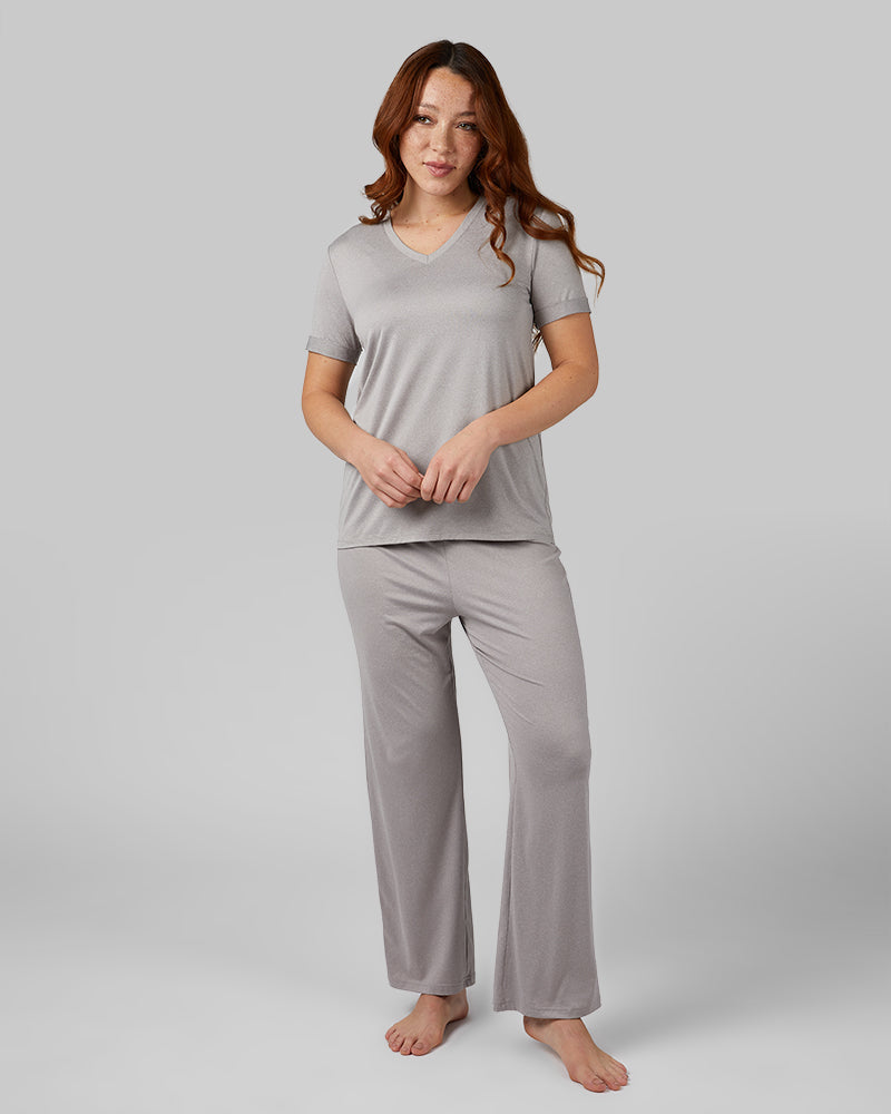 32 Degrees Ghost Grey Heather _ Women's Cool Relaxed Sleep T-Shirt {model: Evonique is 5'10 and size 6, wearing size S}{bottom}{right} {bottom}{right}