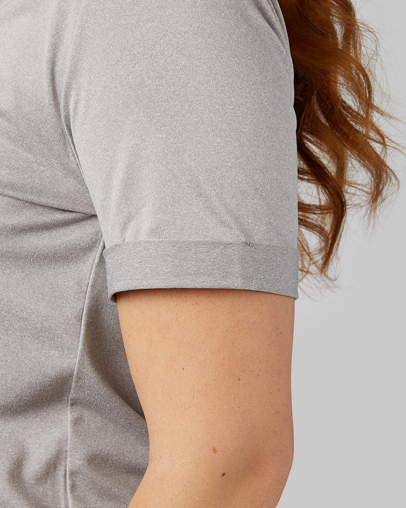 32 Degrees Ghost Grey Heather _ Women's Cool Relaxed Sleep T-Shirt {model: Evonique is 5'10 and size 6, wearing size S}{bottom}{right} {bottom}{right}