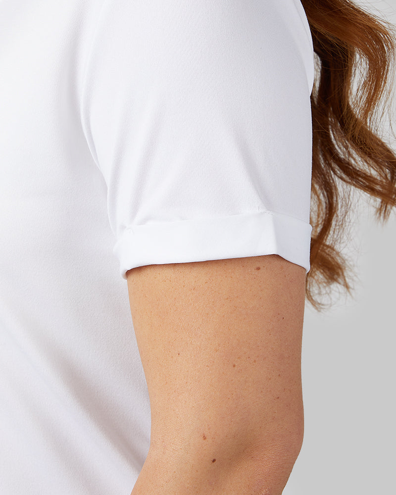 32 Degrees White _ Women's Cool Relaxed Sleep T-Shirt {model: Evonique is 5'10 and size 6, wearing size S}{bottom}{right} {bottom}{right}