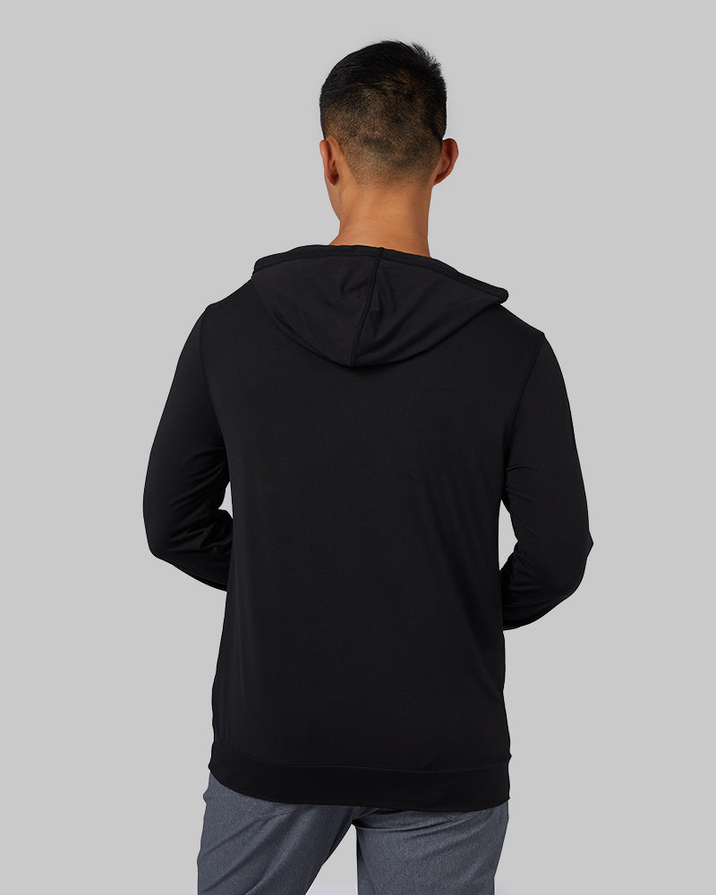 32 Degrees Black _ Men's Cool Long Sleeve Hooded T-Shirt {model: Shu is 6'1", wearing size M}{bottom}{right}{bottom}{right}
