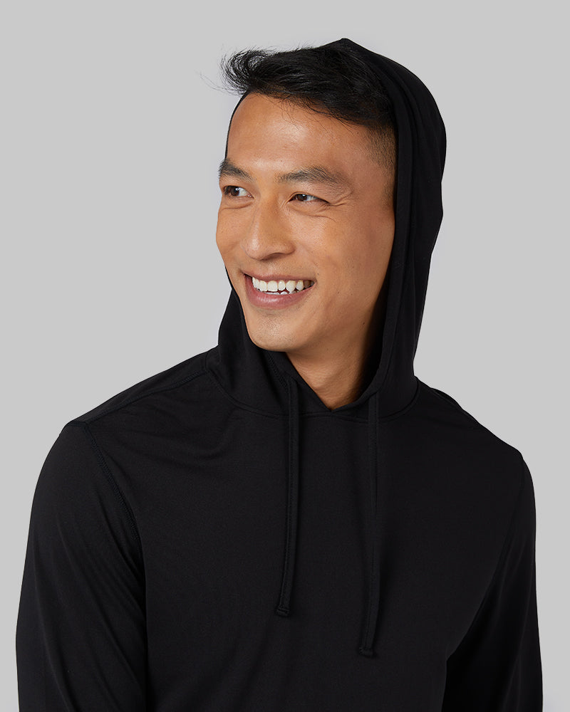 32 Degrees Black _ Men's Cool Long Sleeve Hooded T-Shirt {model: Shu is 6'1", wearing size M}{bottom}{right}{bottom}{right}
