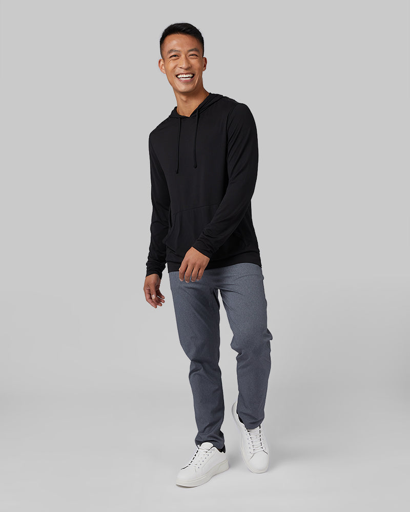 32 Degrees Black _ Men's Cool Long Sleeve Hooded T-Shirt {model: Shu is 6'1", wearing size M}{bottom}{right}{bottom}{right}
