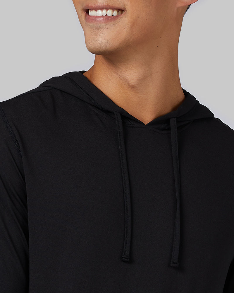 32 Degrees Black _ Men's Cool Long Sleeve Hooded T-Shirt {model: Shu is 6'1", wearing size M}{bottom}{right}{bottom}{right}
