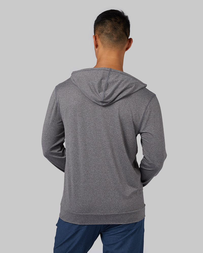 32 Degrees Grey Heather _ Men's Cool Long Sleeve Hooded T-Shirt {model: Shu is 6'1", wearing size M}{bottom}{right}{bottom}{right}