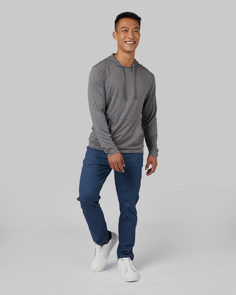 32 Degrees Grey Heather _ Men's Cool Long Sleeve Hooded T-Shirt {model: Shu is 6'1", wearing size M}{bottom}{right}{bottom}{right}