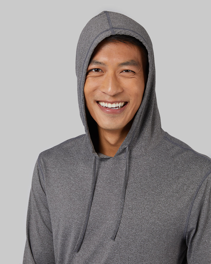 32 Degrees Grey Heather _ Men's Cool Long Sleeve Hooded T-Shirt {model: Shu is 6'1", wearing size M}{bottom}{right}{bottom}{right}