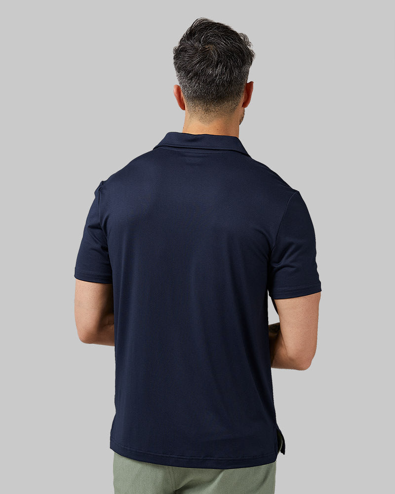 32 Degrees Navy _ Men's Cool Classic Polo  {model: Daniel is 6'2", wearing size M}{bottom}{right}
