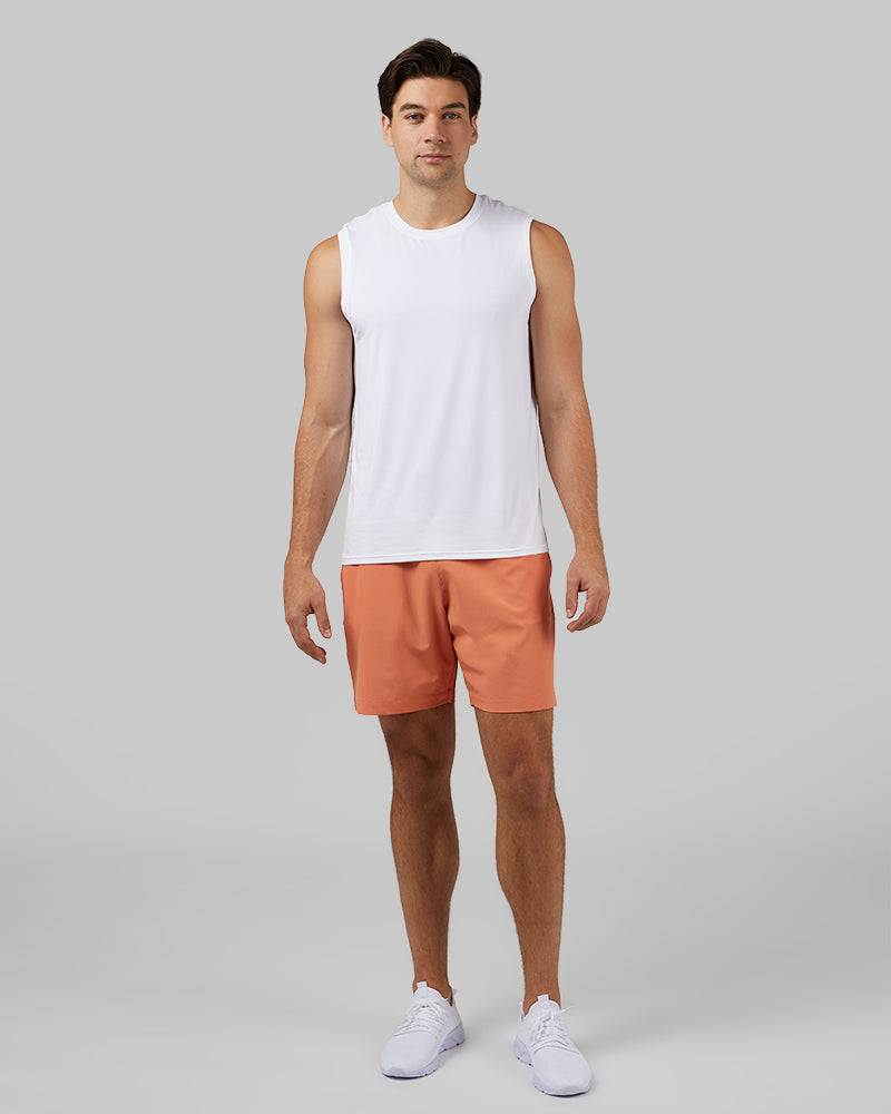 32 Degrees White _ Men's Cool Relaxed Tank {model: Zac is 6'3", wearing size M}{bottom}{right} {bottom}{right}