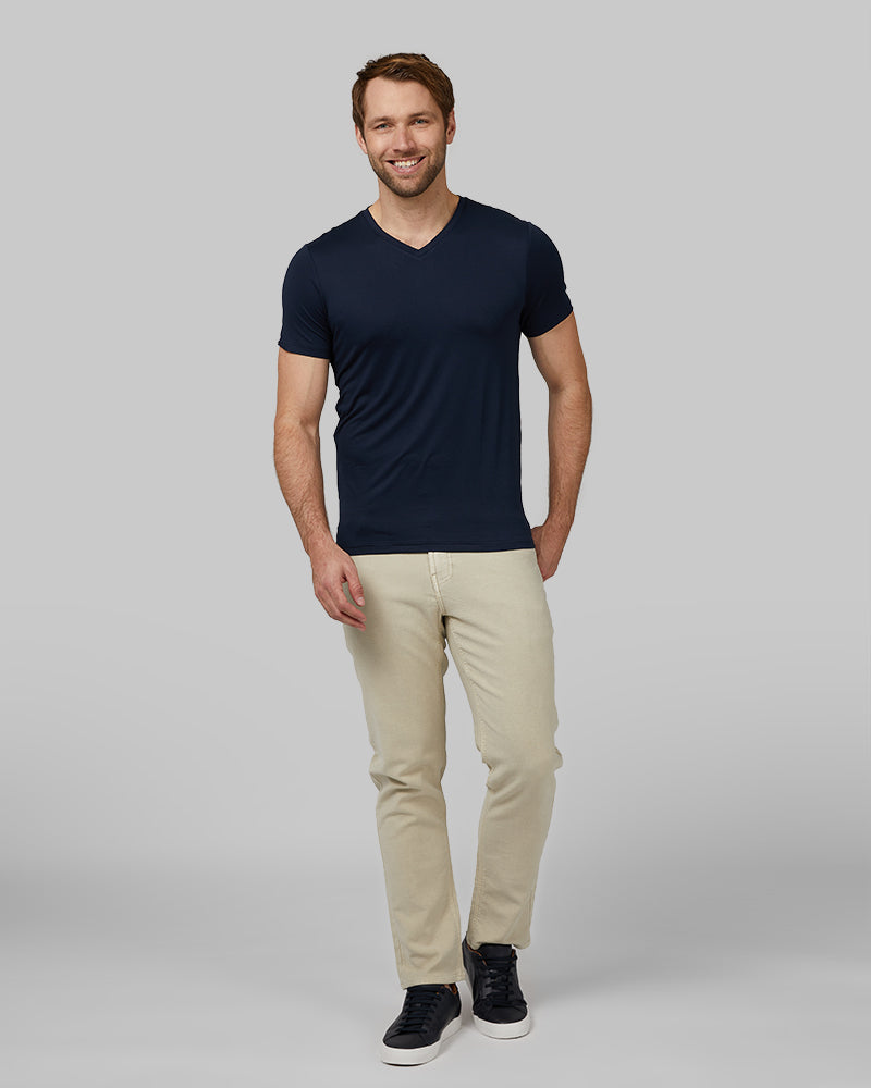 32 Degrees Navy_ Men's Cool Vneck T-Shirt {model:Kacey is 6'2", wearing size M}{bottom}{right}