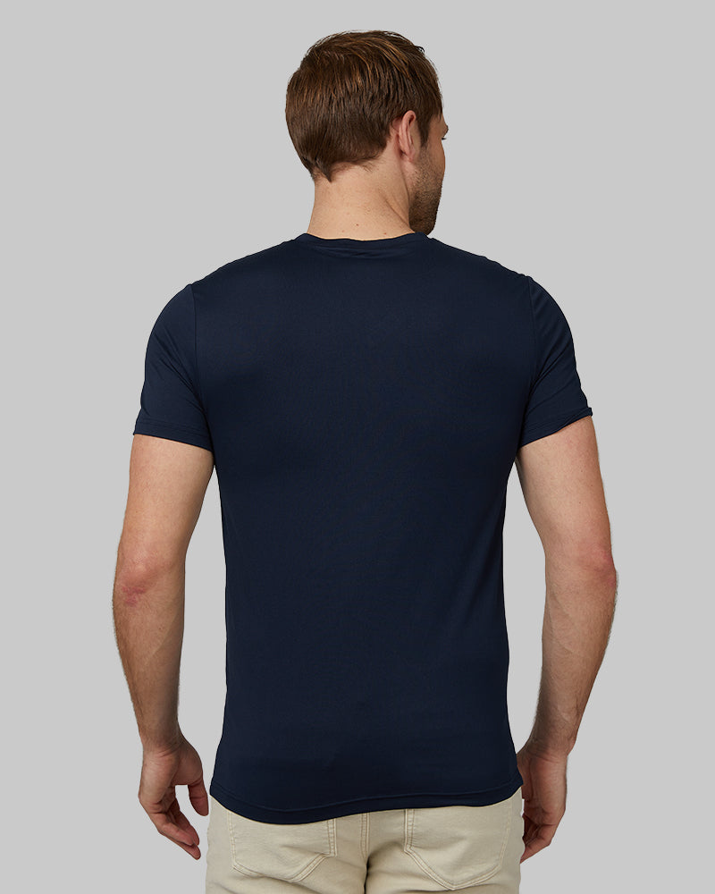 32 Degrees Navy_ Men's Cool Vneck T-Shirt {model:Kacey is 6'2", wearing size M}{bottom}{right}