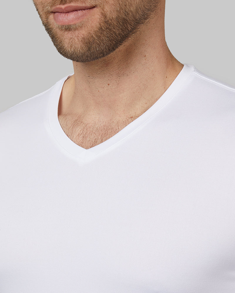 32 Degrees White _ Men's Cool Vneck T-Shirt {model:Kacey is 6'2", wearing size M}{bottom}{right}