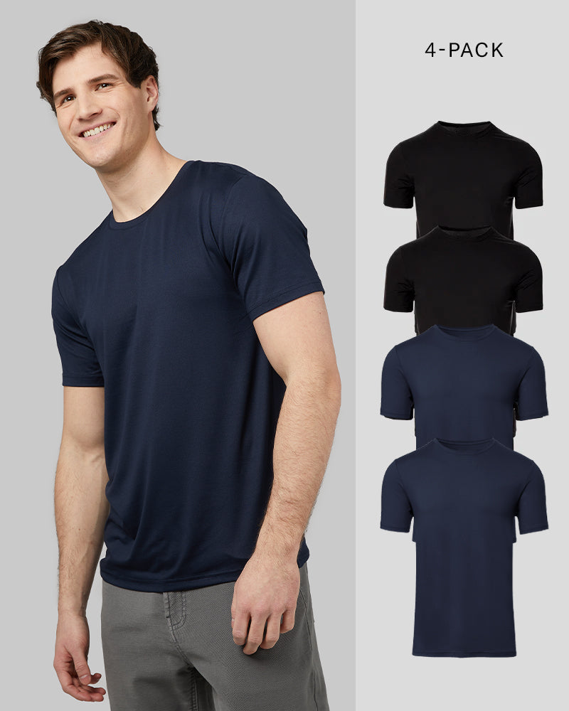 32 Degrees 2 Black/2 Navy _ Mens 4-Pack Cool Classic Crew Neck T-Shirt {model: Lane is 6', wearing size M}{bottom}{right} {bottom}{right}