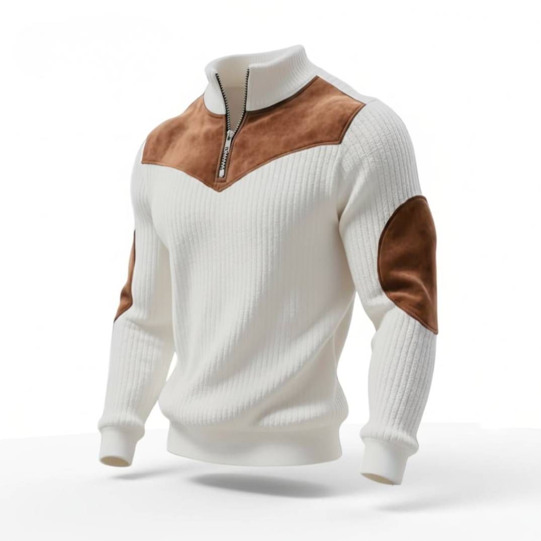 Ribbed Zip Sweater with Suede Accents