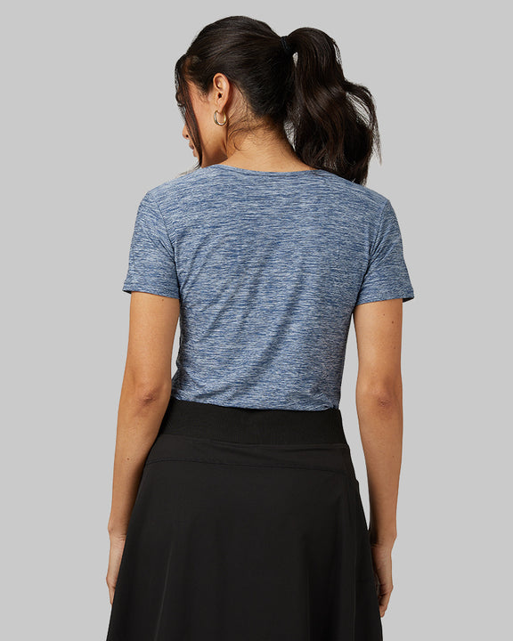 32 Degrees Xenon Blue Space Dye _ Women's Cool Fitted T-Shirt {model: Dani is 5'9" and size 2-4, wearing size S}{bottom}{right} {bottom}{right}