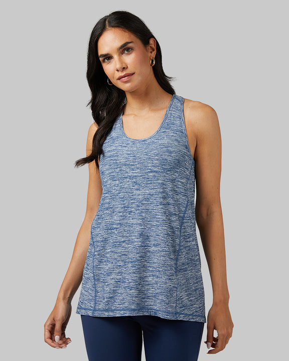 32 Degrees Xenon Blue Space Dye _ Women's Cool Racerback Tank {model: Dani is 5'9" and size 2-4, wearing size S}{bottom}{right} {bottom}{right}
